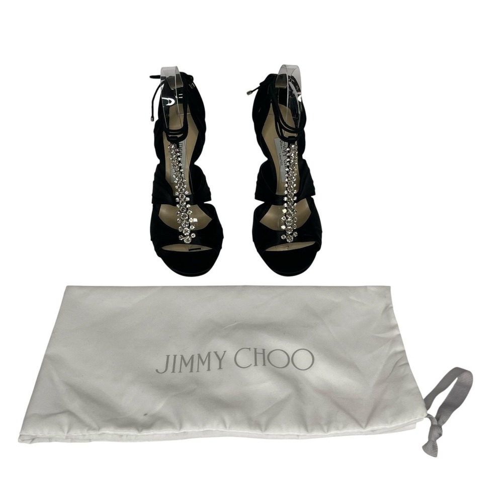 Jimmy Choo Kenny 100 Black Suede Crystal T Strap Sandals IT 38.5 US 8.5